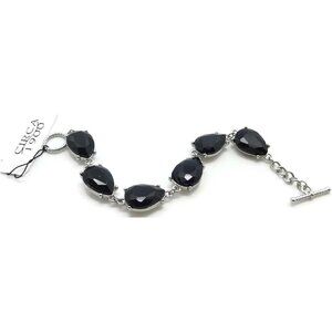 Circa 1900 Faceted Teardrop Black Crystal Silvertone Link Toggle Bracelet 7" NEW